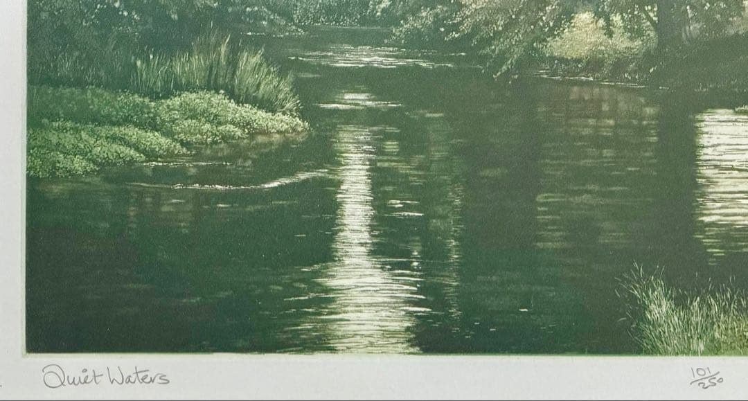スペイン「静かな水辺」エッチング 版画 額装 風景画 #287-3