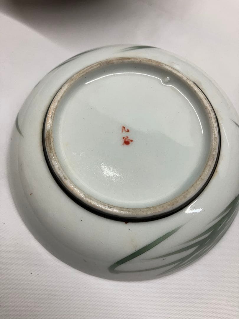 A0104)レトロ　九谷焼　鶴　お茶碗　蓋付き　7客セット