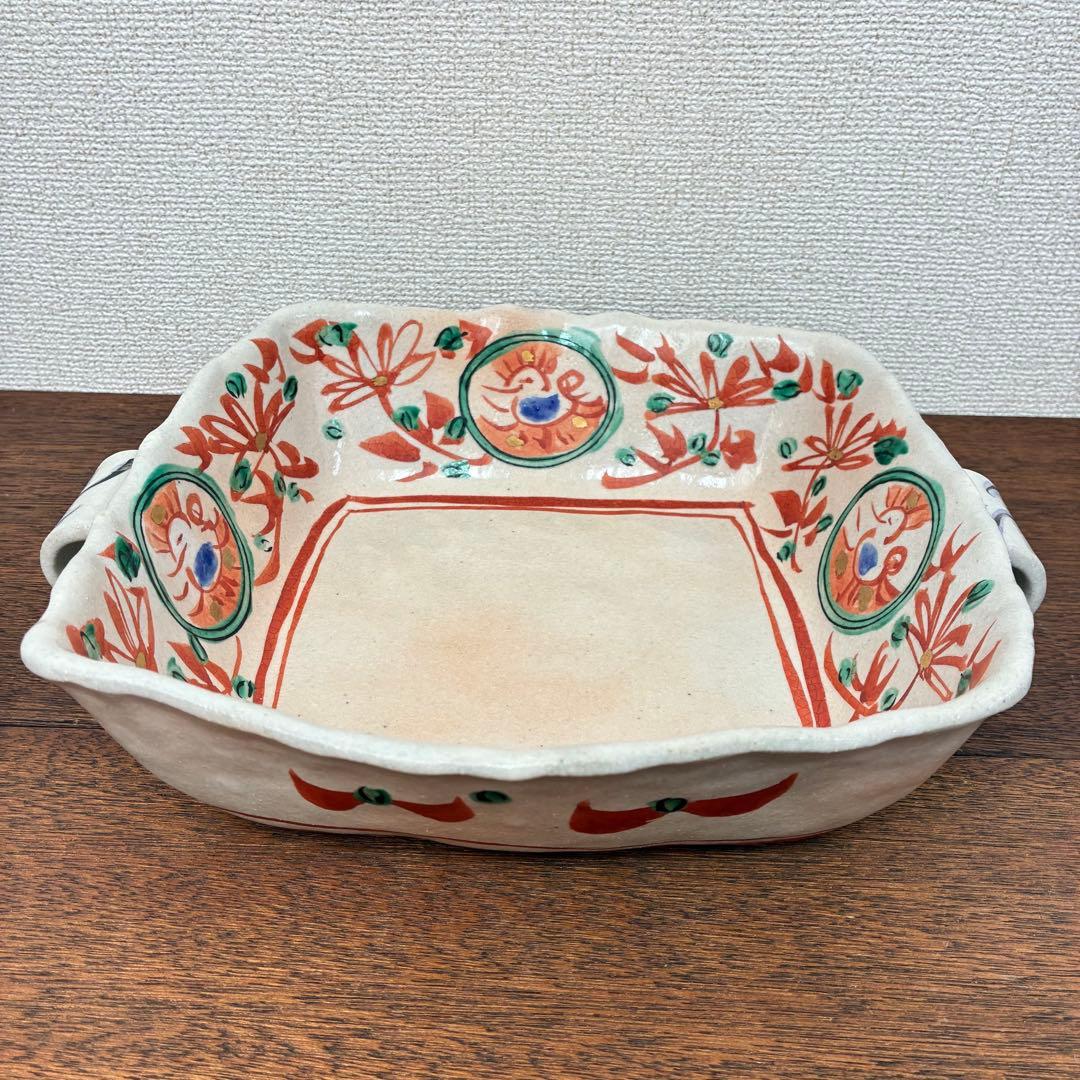 美濃焼 角皿 赤絵花文 耳付き 大鉢 金彩