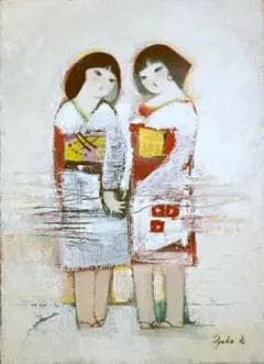 油絵 菅家令子 絵 絵画インテリア額付(青緑＋金色の枠)F4-252023 女子