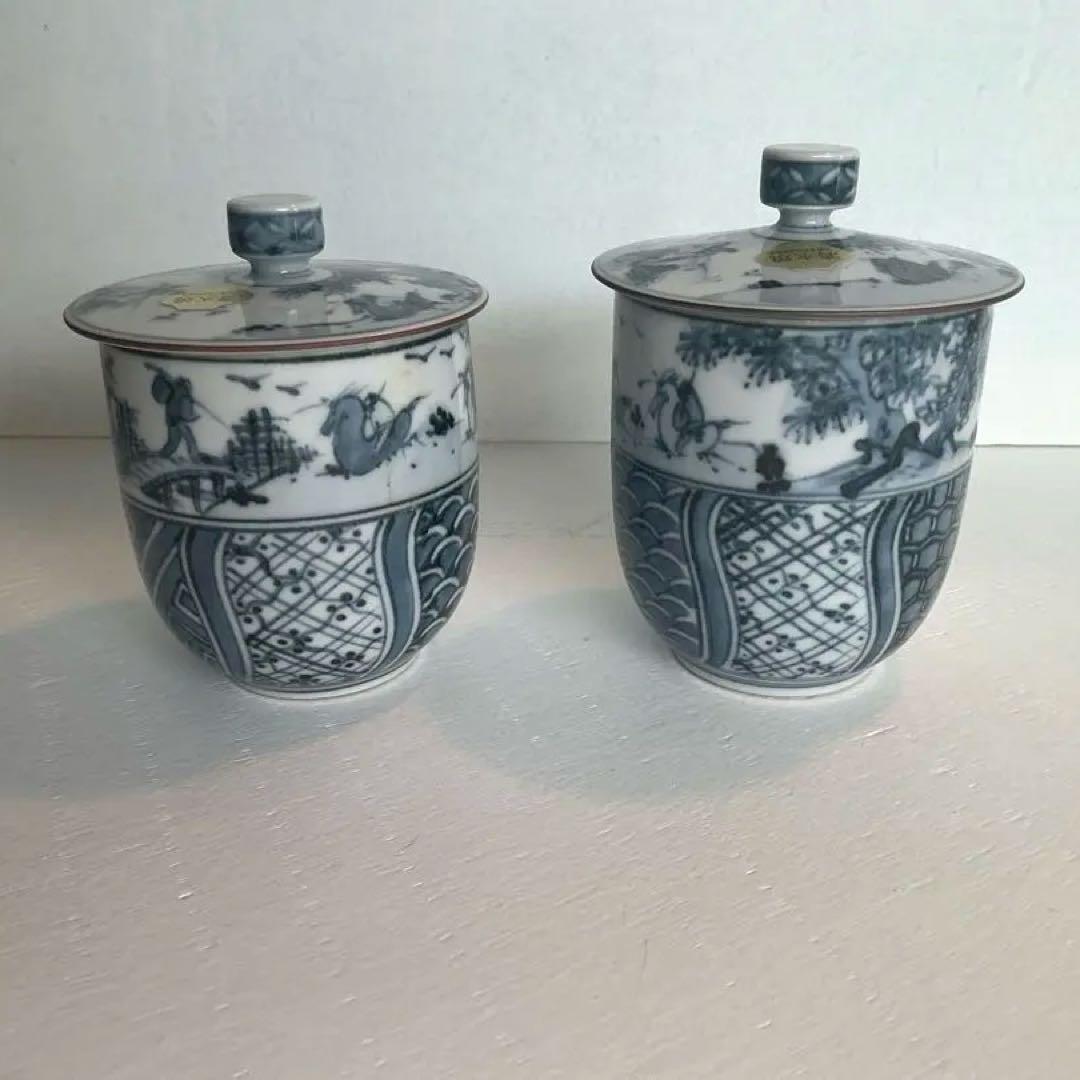 ⭐︎新品⭐︎ 清水焼 平安瑞昭染付風景文　フタ付夫婦茶碗2客木箱付　【宅配便送料込】