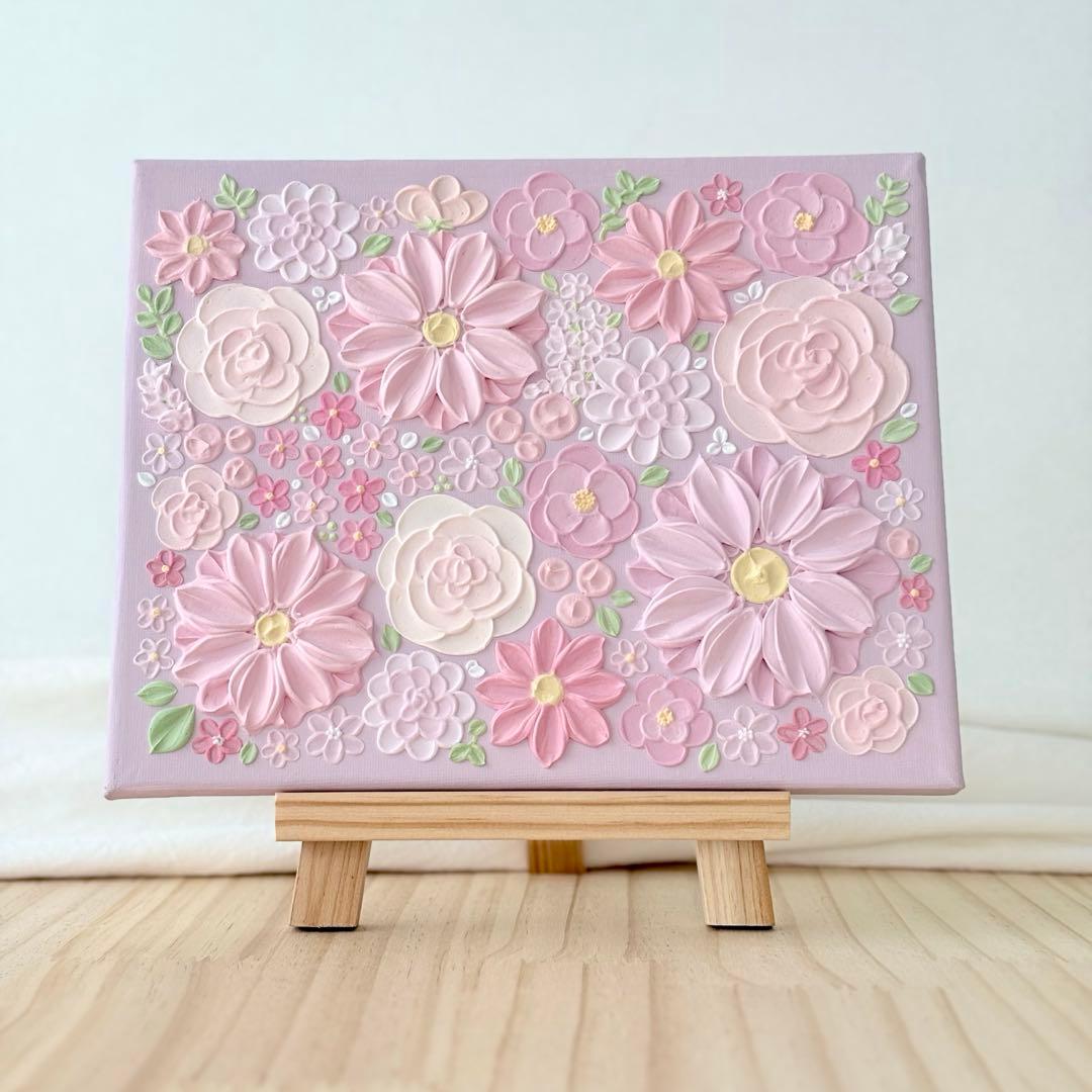 テクスチャーアート 花 インテリアアート ブーケ 花畑 ピンク フラワーアート