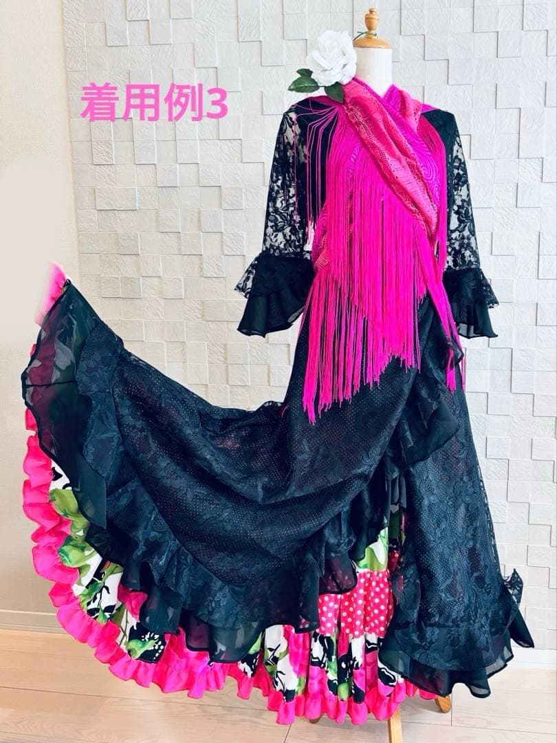 【新作ハンドメイド】フラメンコ衣装 ガウンワンピース 黒レース 【超軽量】