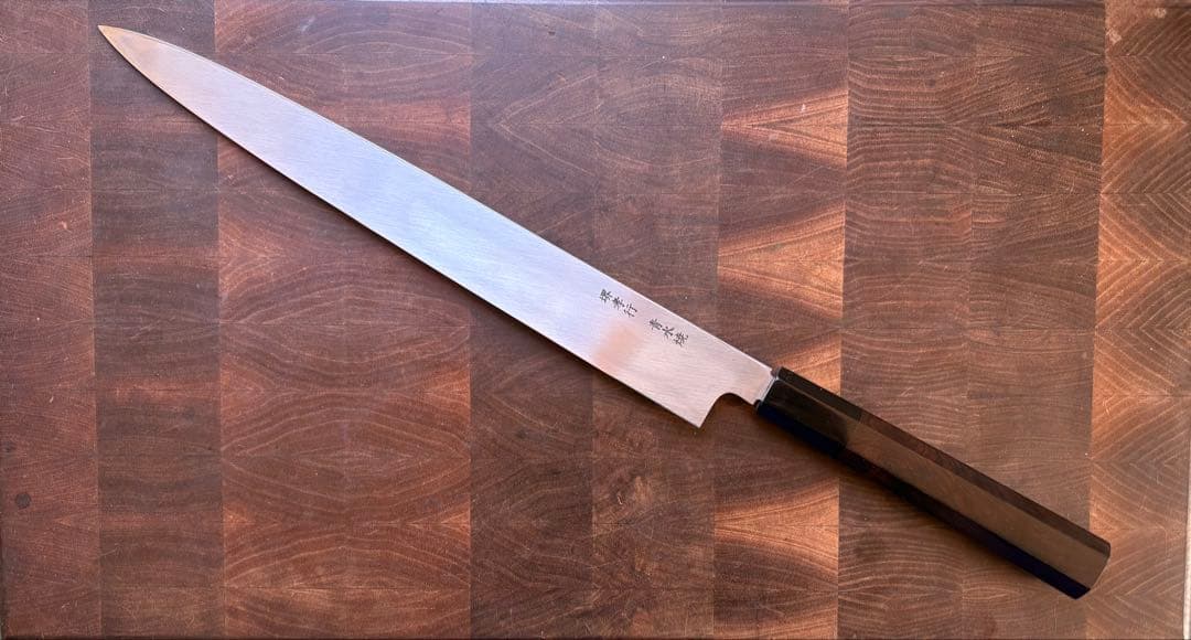 堺孝行　水本焼　青二鋼　柳刃　300mm 尺　包丁　平鏡面　黒檀八角柄