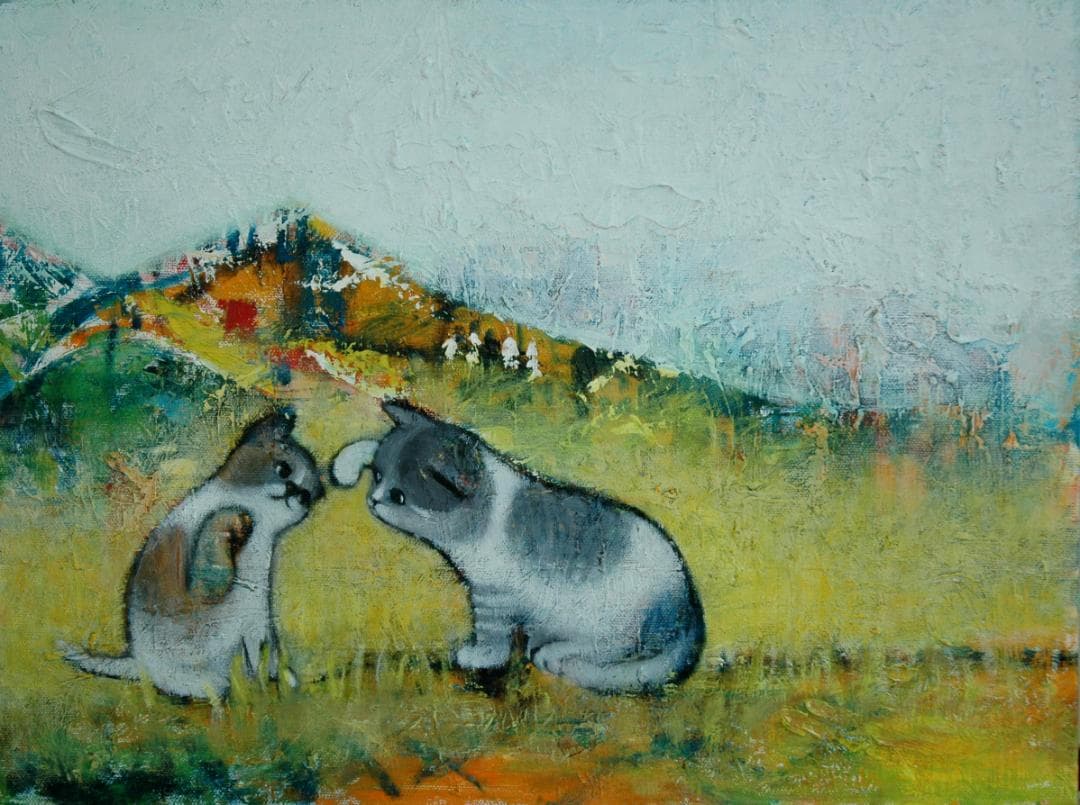 油絵 菅家令子絵 絵画インテリア額付(青緑＋金色の枠) uF6-050520子猫