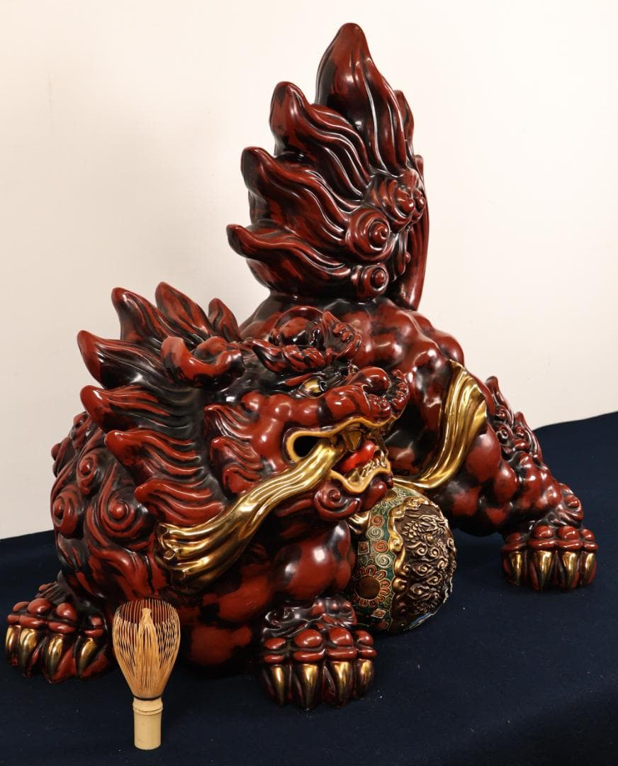 Anne　BK482　九谷 八幡窯 須栄義　玉獅子　龍　置物　床飾　高さ5