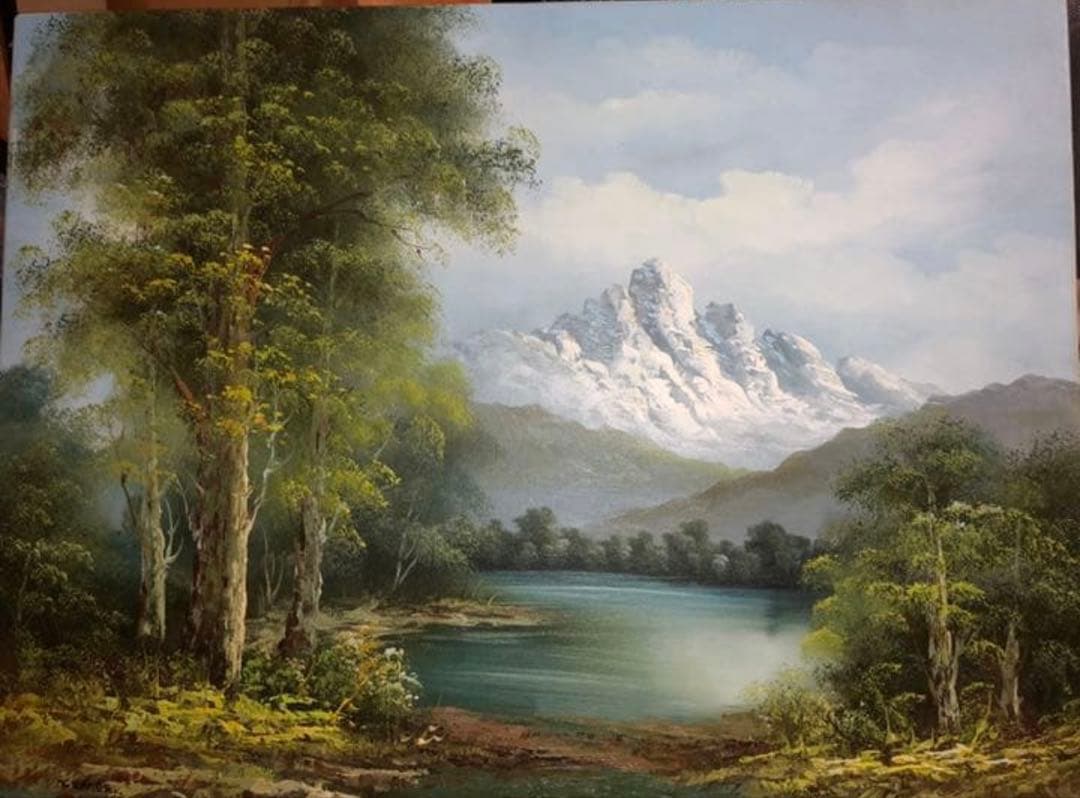 油彩画 F20号 アンティーク 山水風景画 額装