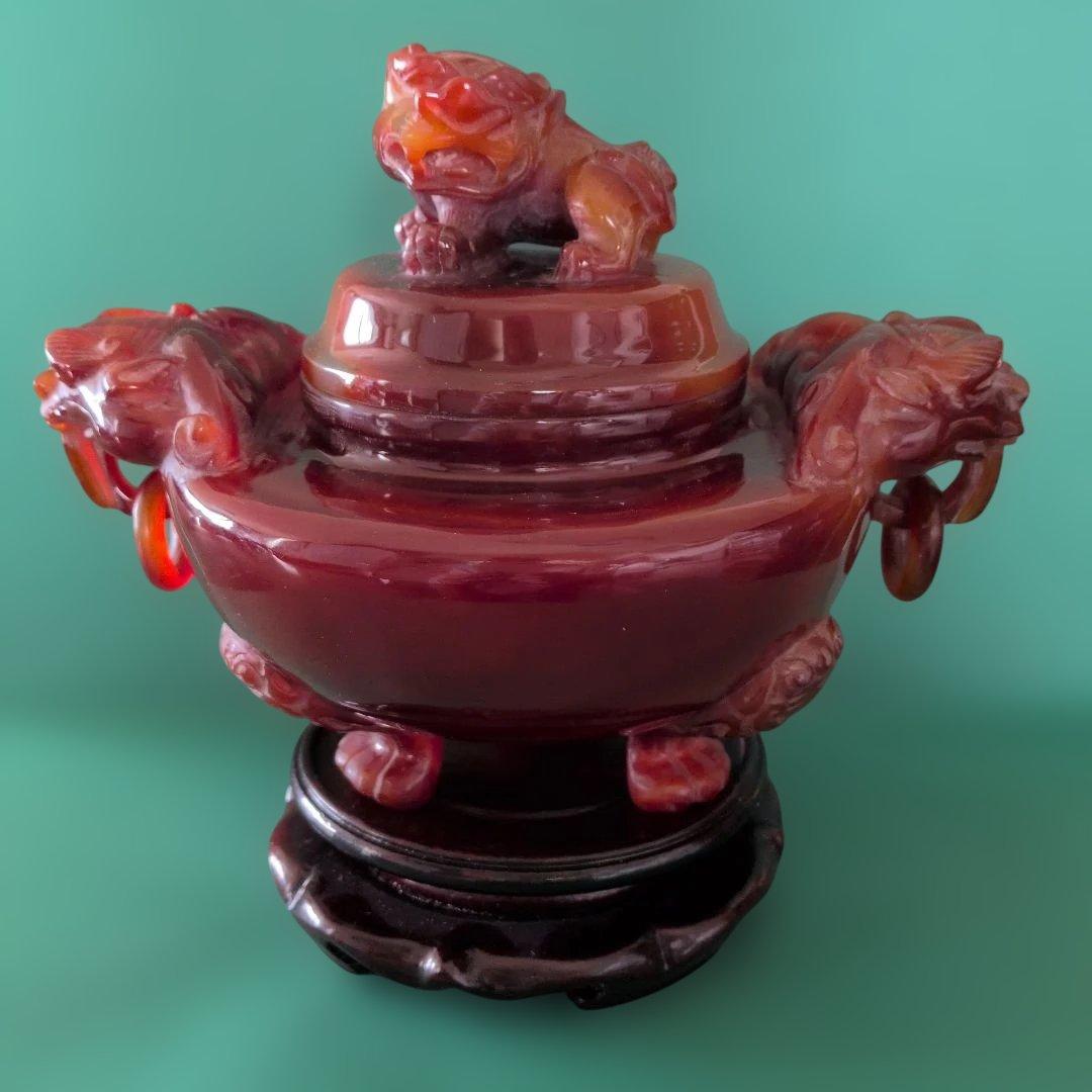 赤翡翠石彫刻　香炉　中国美術品
