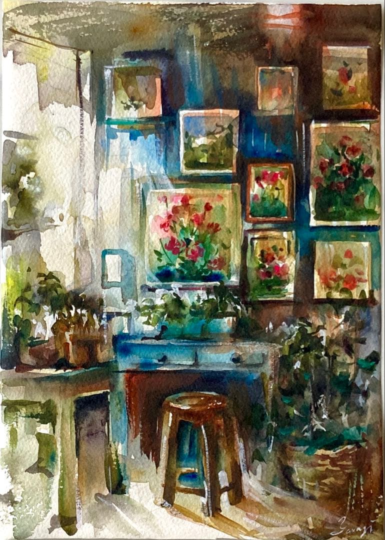 水彩画 原画 インダストリアルな部屋