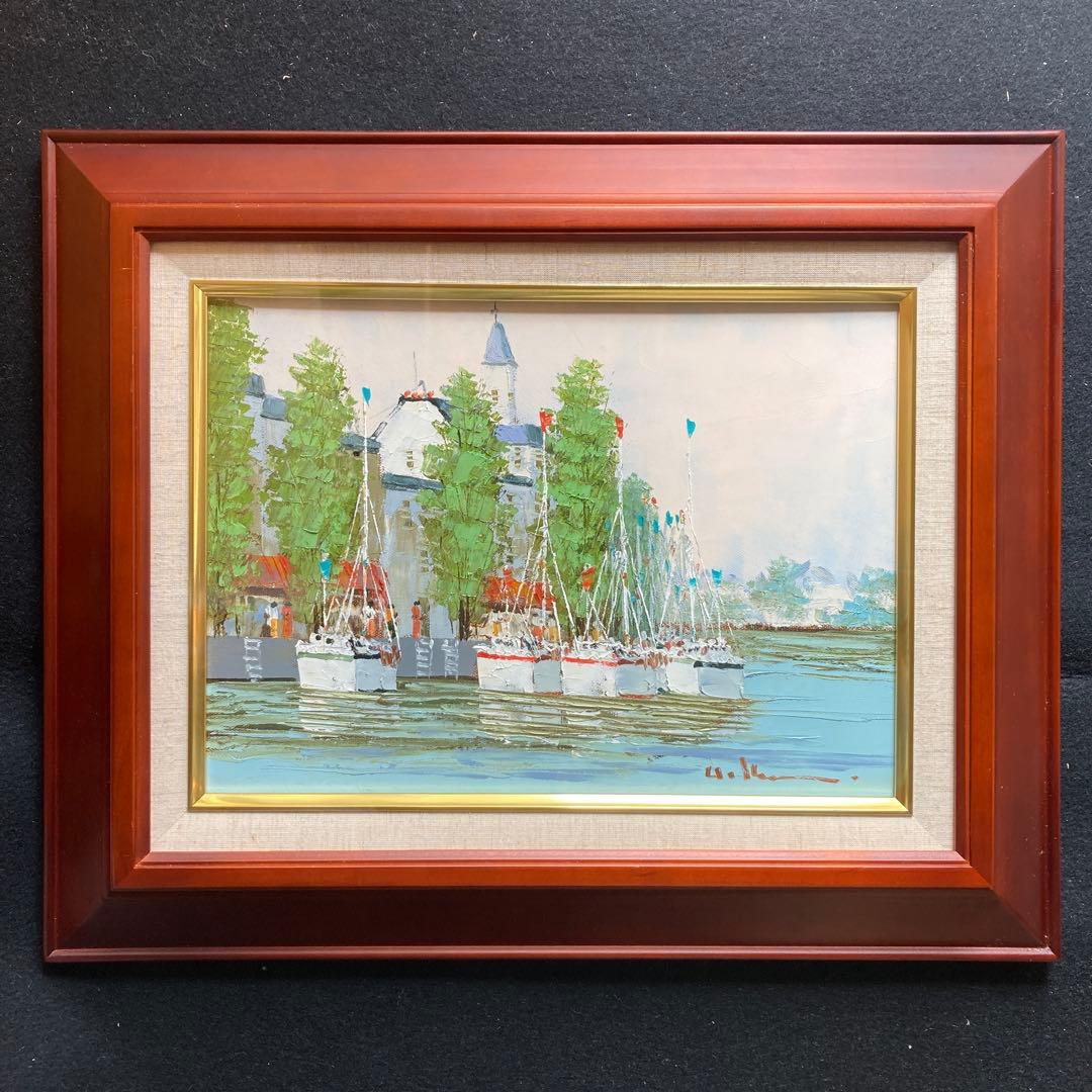黒沢 久「河畔の街」油彩4号　彩日会委員 額縁40×49絵画24×33cm￼