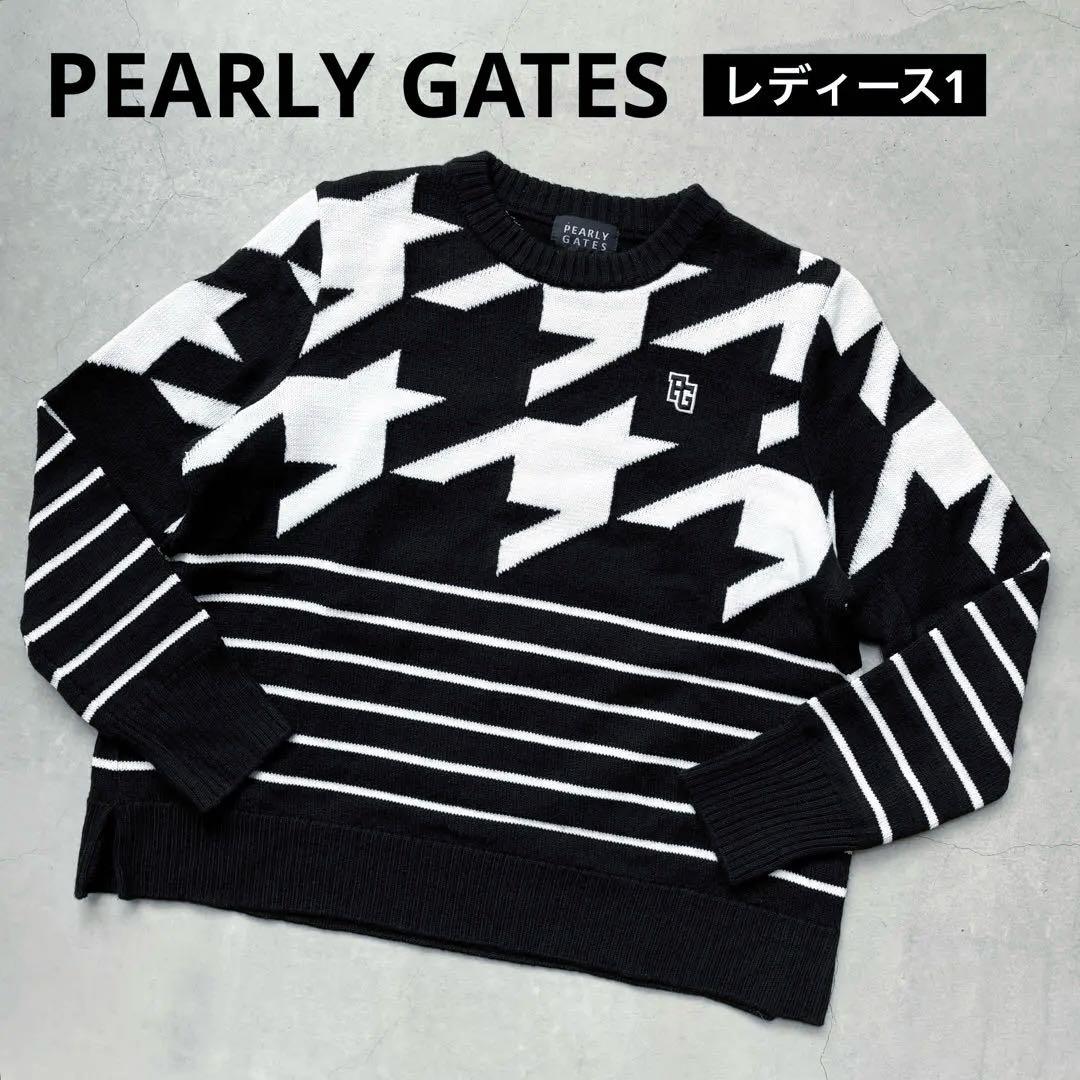 【美品】PEARLY GATES ウールニットセーター 千鳥孔子 ボーダー柄 1