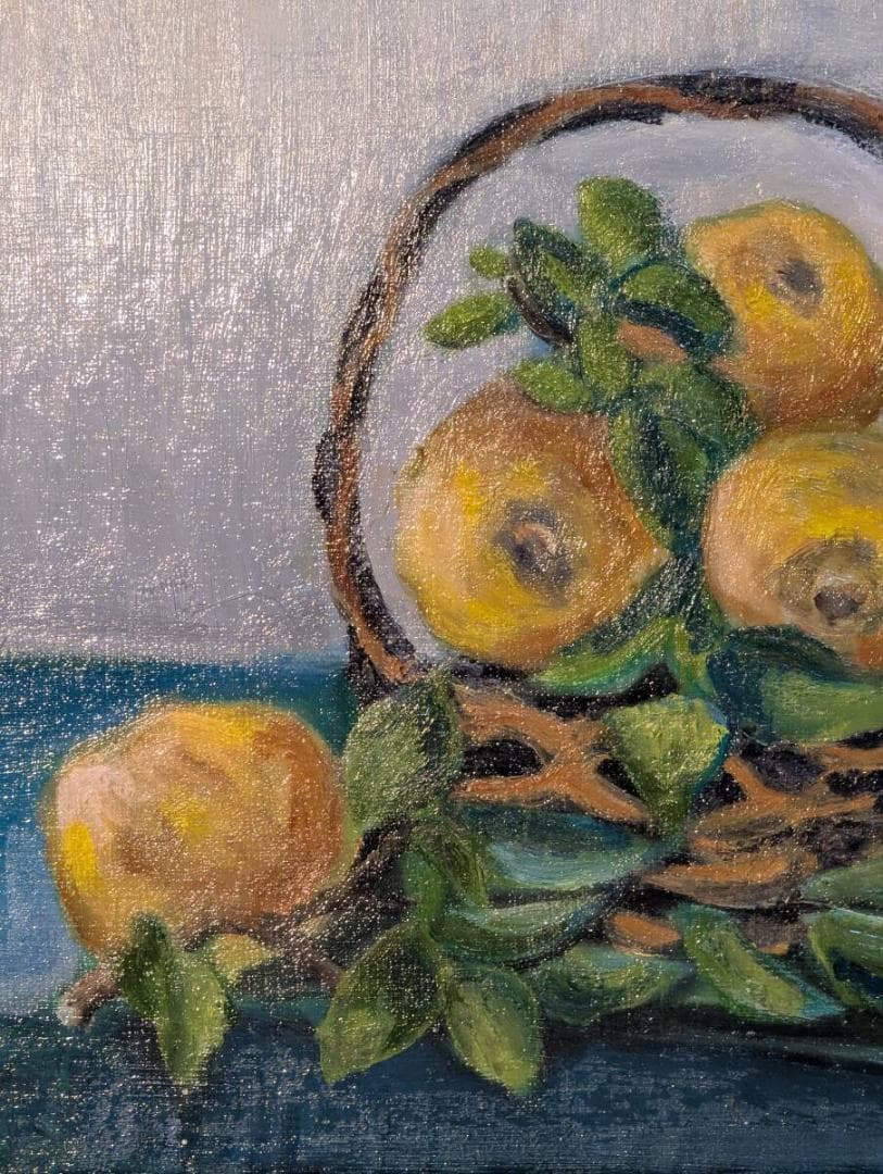 【真作】絵画　春野守夫　油彩6号　かりん　籠に盛られた果実　アート作品　Z5