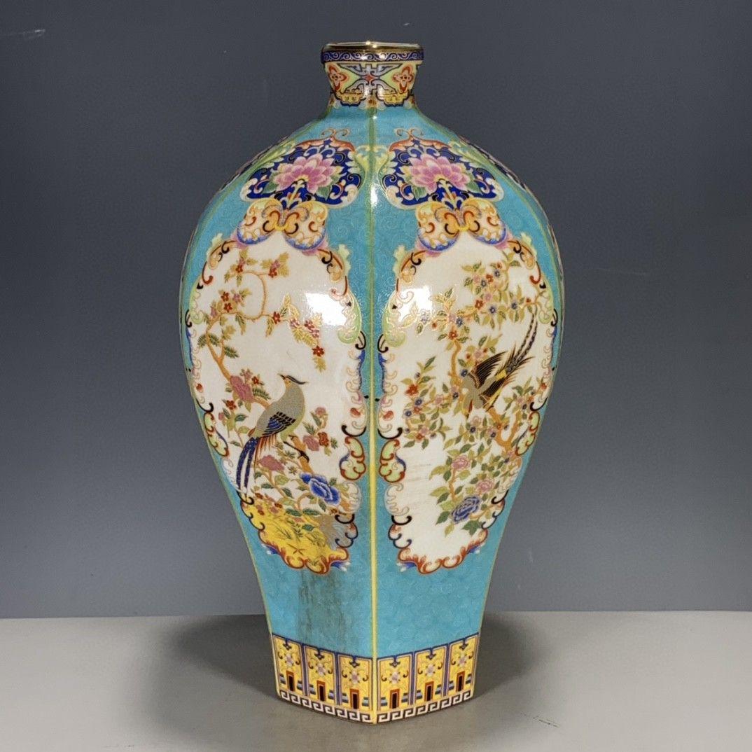 盧芹斎粉彩蒔金花鳥梅瓶 景徳鎮 陶磁器 装飾品 現代工芸品美術品 置物
