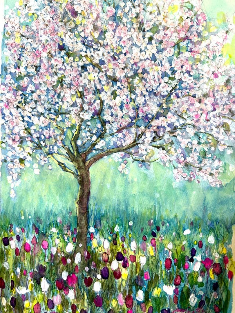 陽光さすアーモンドの木　水彩画　ホワイト額入り