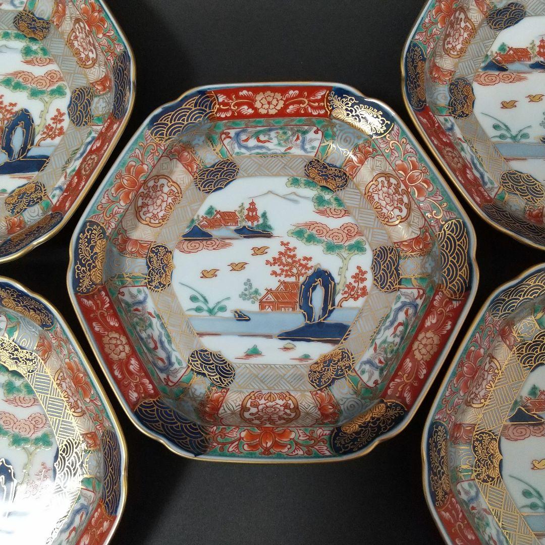未使用品 有田焼 幸楽窯 錦色絵山水 銘々皿 中皿 六角皿 14㎝ 古伊万里文