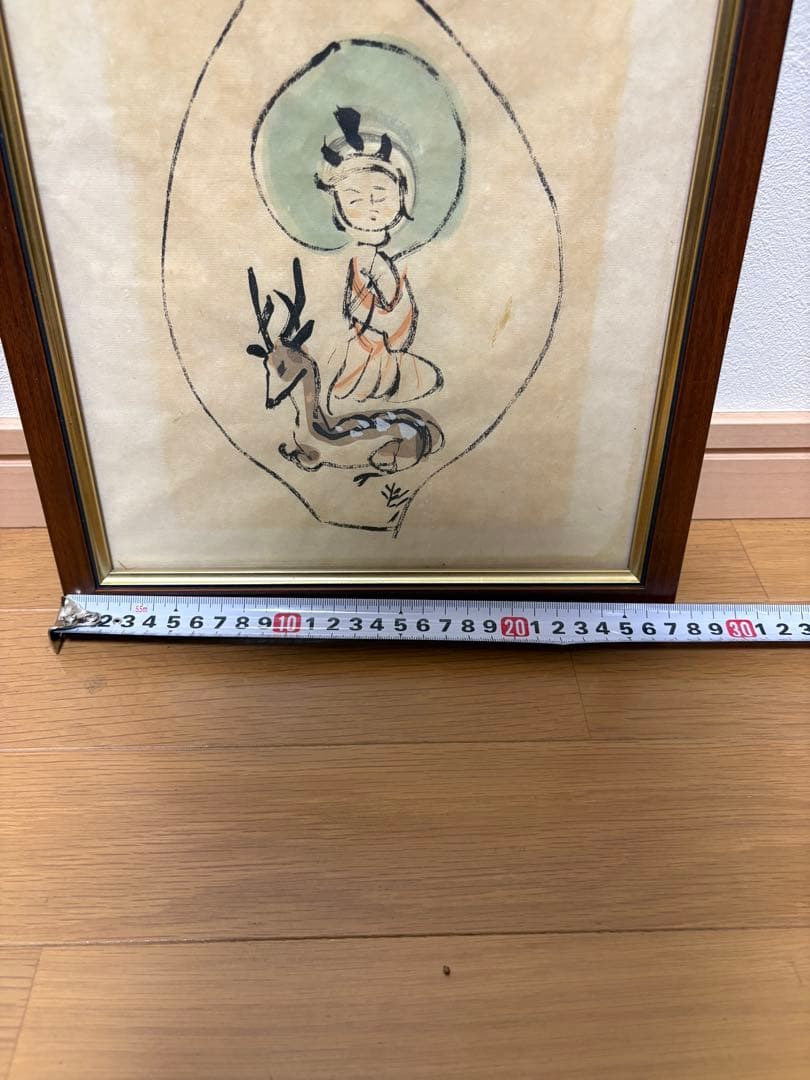 水墨画 人物と鹿 木製額縁付き 地蔵様 和風 インテリア 仏画