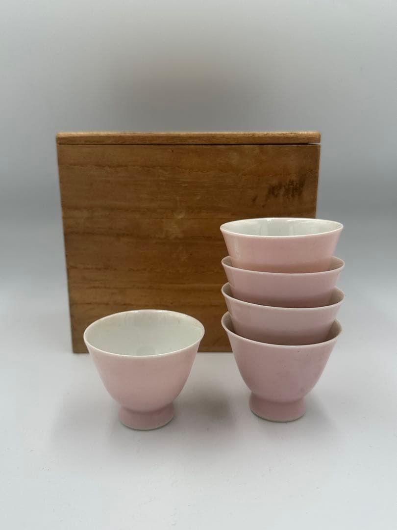 平安　三浦竹泉　煎茶碗　中国美術　ピンク色　珍品　5客セット