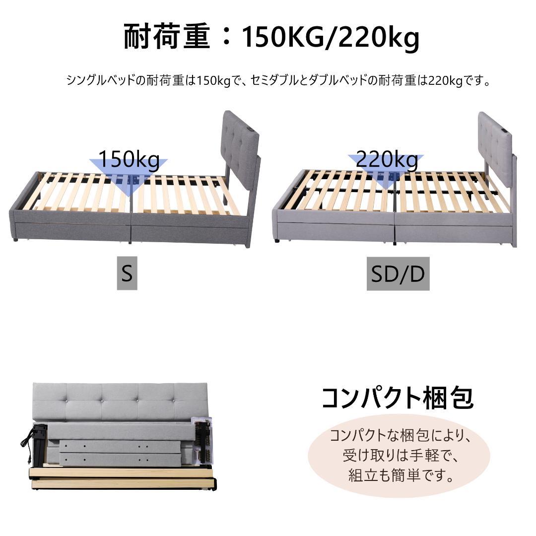 大人気！（S）ファブリックベッド ベッドフレーム　コンセント付き　ダークグレー