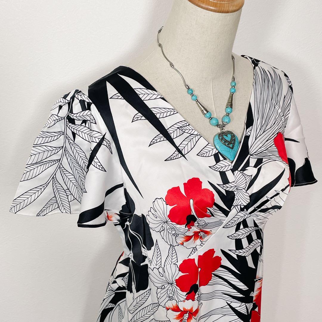 【美品】ホロホロ ハイビスカス柄 フラッタースリーブ フラダンスドレス ハワイ製