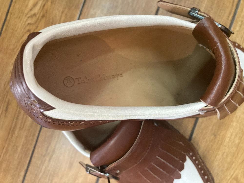 中古！貴重！超高級ゴルフシューズ　茶×白　高島屋Ｔａｋａｓｈｉｍａｙａ25.0