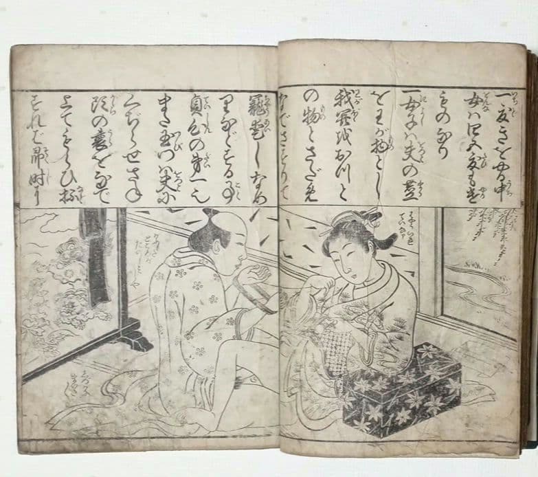 春画黒摺版画本色女大楽寳開月岡雪鼎画 宝暦年間最初4丁8ページ欠け。直し補修有り