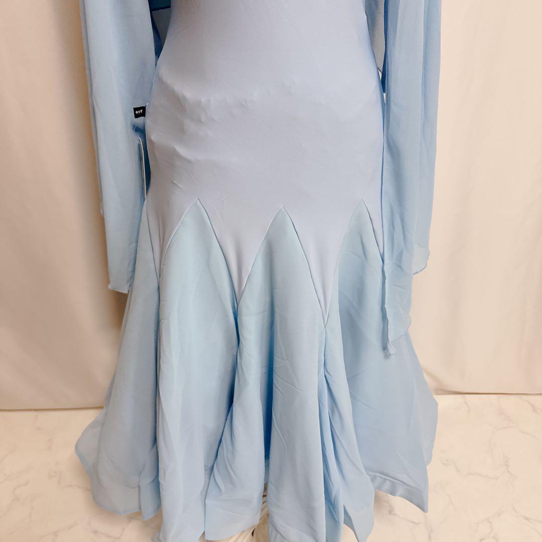 新品 社交ダンスドレス ライトブルー レース ロングドレス M ダンス衣装