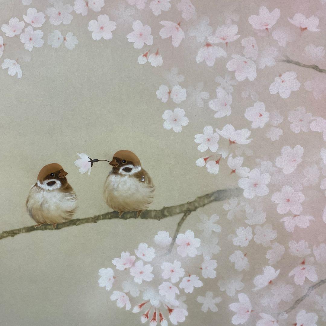 美品 掛け軸 中川幸彦作「桜に雀」縁起物 共箱 美術年鑑掲載 太巻き付