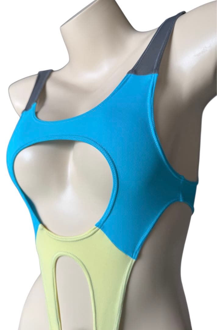 レオタード　ハイレグ　穴あき　カリビアンブルー×ライムイエロー×グレー