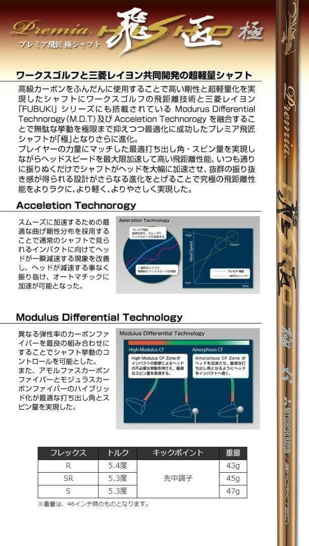 新品 テーラーメイド用スリーブ付き 三菱ケミカル製 軽量 プレミア飛匠・極