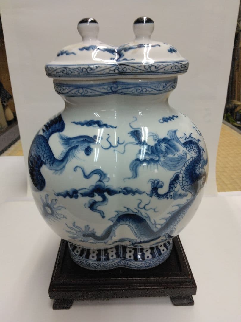 中国美術。青花竜鳳紋連瓶。