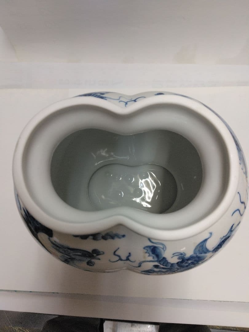 中国美術。青花竜鳳紋連瓶。