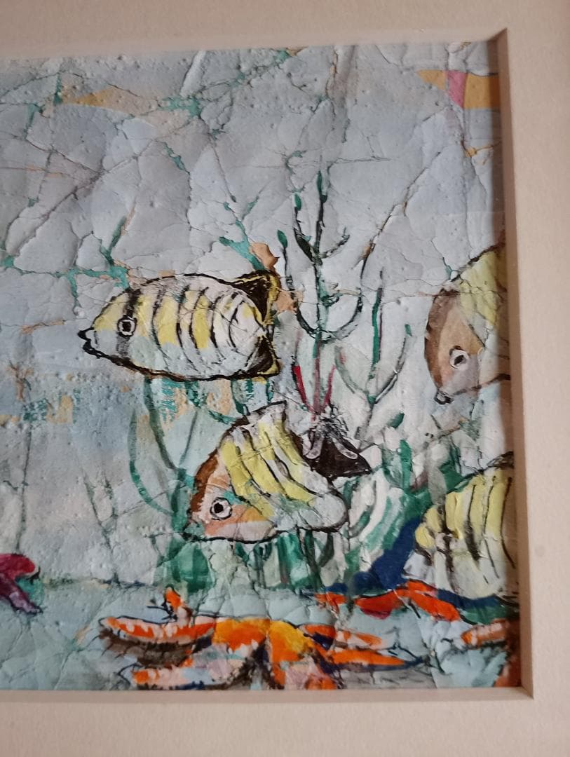 真作 高橋美香子「揉み紙絵」肉筆 原画 額装付き 魚 熱帯魚 現代アート
