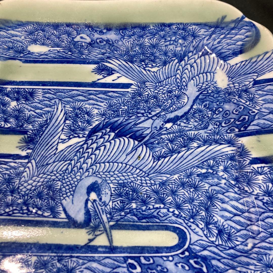【美品】角皿 鶴松図 大皿 双鶴
