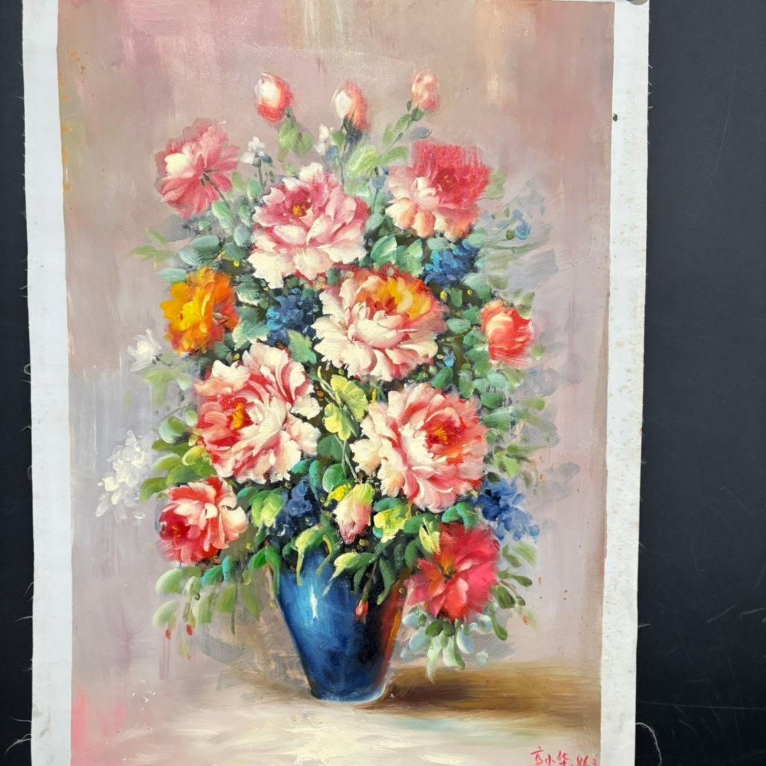 手描き 水彩油画 花 静物画 高小华 インテリアアート 約70×100cm
