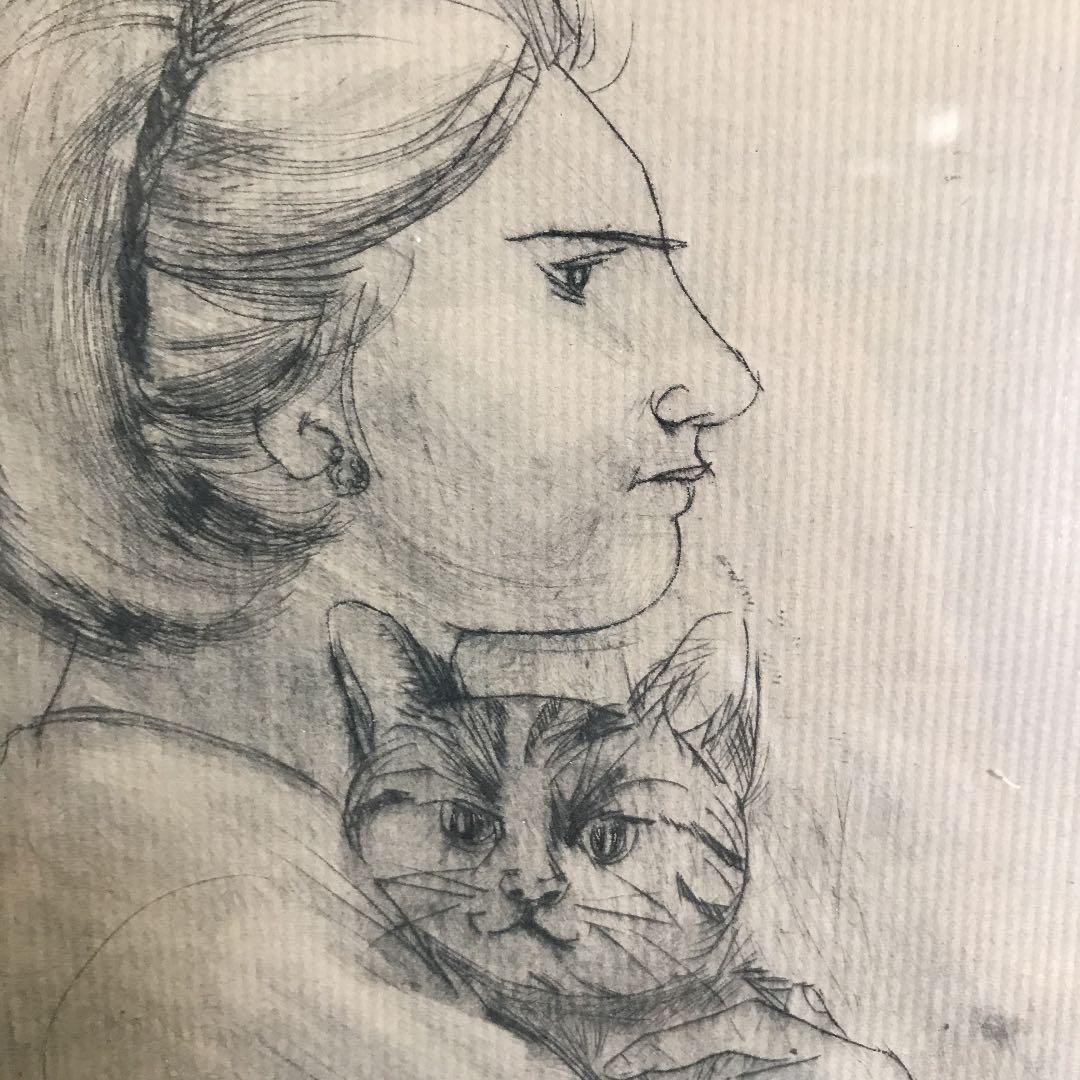 版画　ネコと少女