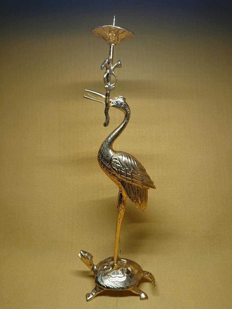 【美品】仏教美術　本金メッキ　鶴　亀　燭台　銅製　置物　インテリア　工芸品