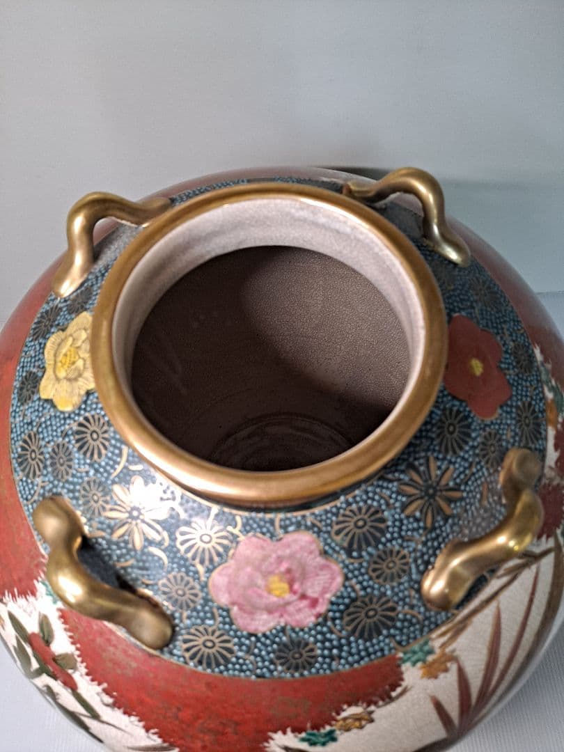 自然斎 湖東焼 湖東窯 花詰 大型花瓶 花器 飾り壷 花瓶 在銘 金彩 献上手