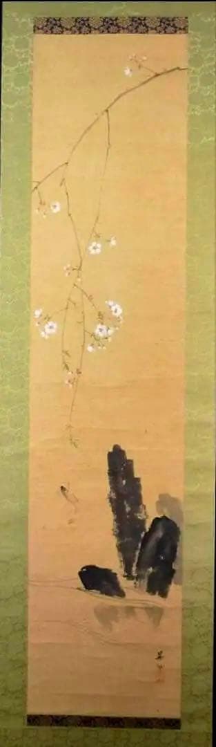 掛軸　深田呉城作　桜花跳鮎図　掛け軸真作
