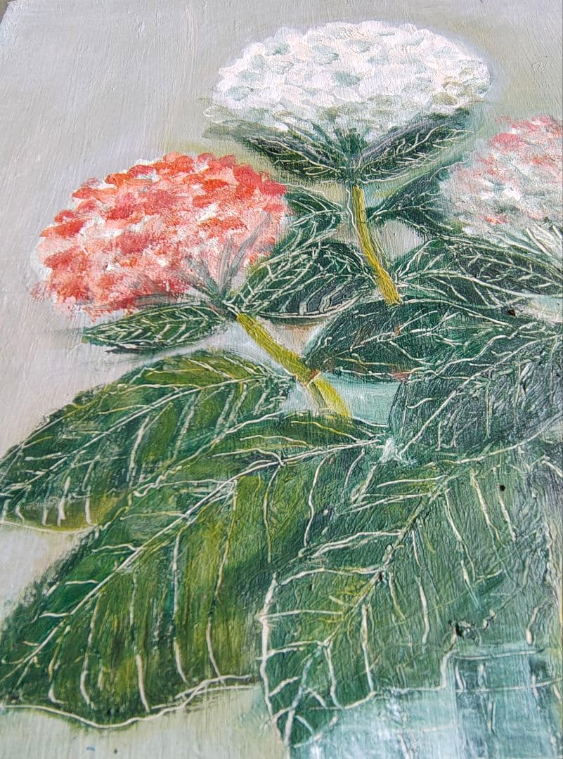 【F8原画2枚 + 額縁付】油彩画 紫陽花とハイビスカス 季節と気分次第で。