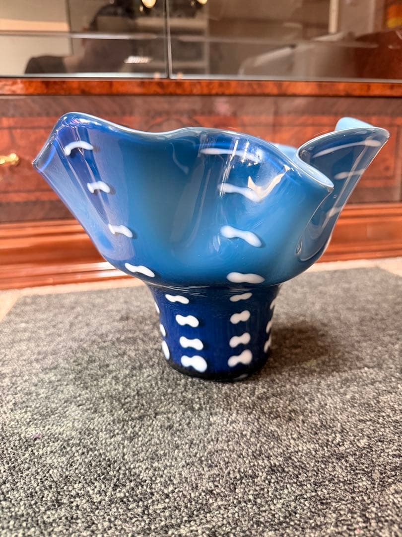 Glass Flower Vase ガラス花瓶 ブルー系 アートガラス 希少