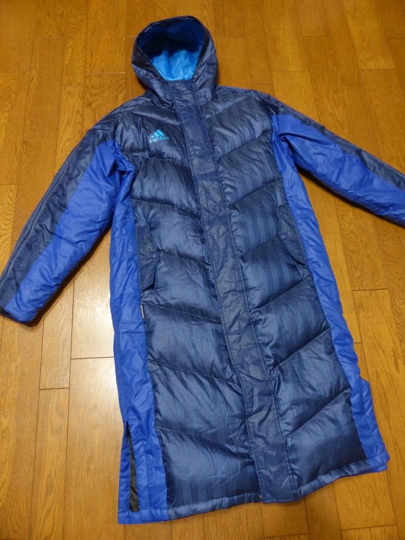 送料込 良品★adidas ロング ダウンコート L★アディダス/ネイビー