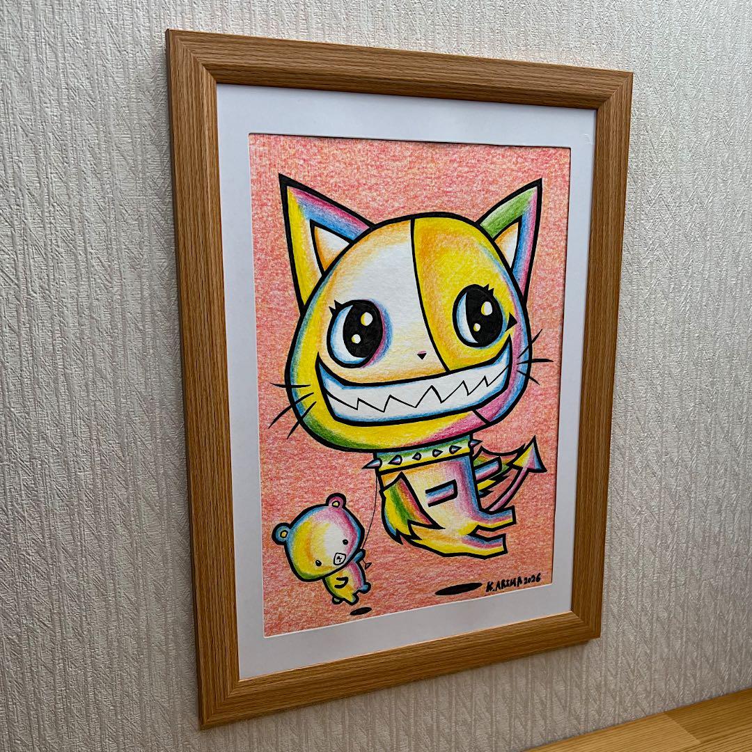 『魔法のひととき』｜動物画 原画 絵 手描き 癒し 猫 くまさん 一点物 額縁付