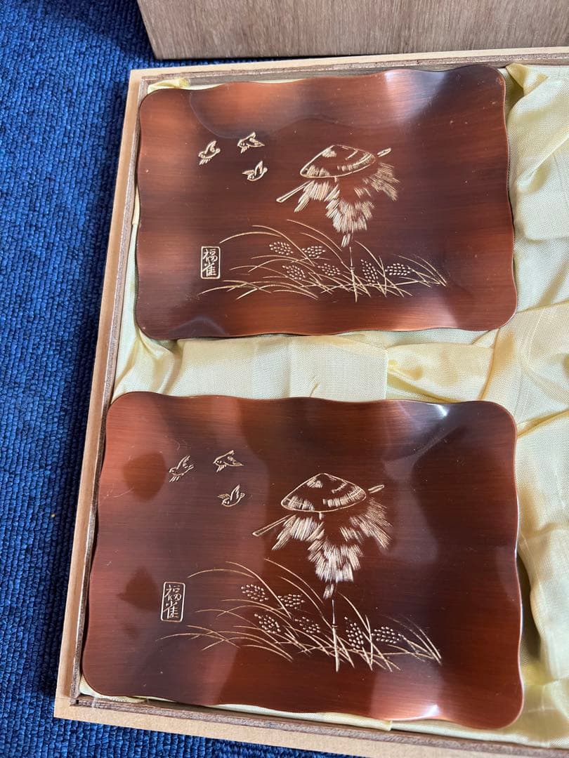 1178 銅仕上　山茶花　福雀　銘々皿　5客　ブロンズ沈金入　未使用
