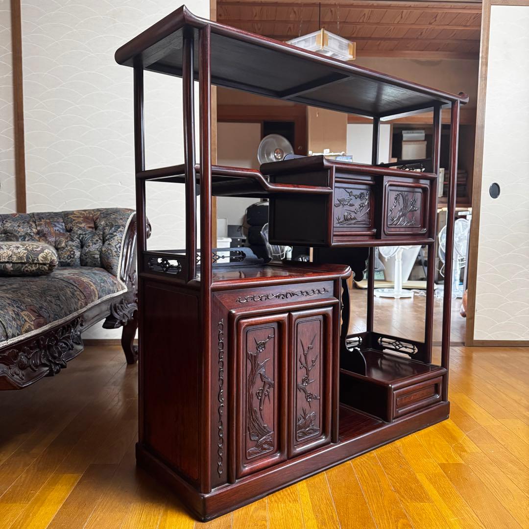 茶箪笥　古道具　骨董品　蔵出し　昭和レトロ　古民家　木製彫刻ラック 引き出し付き