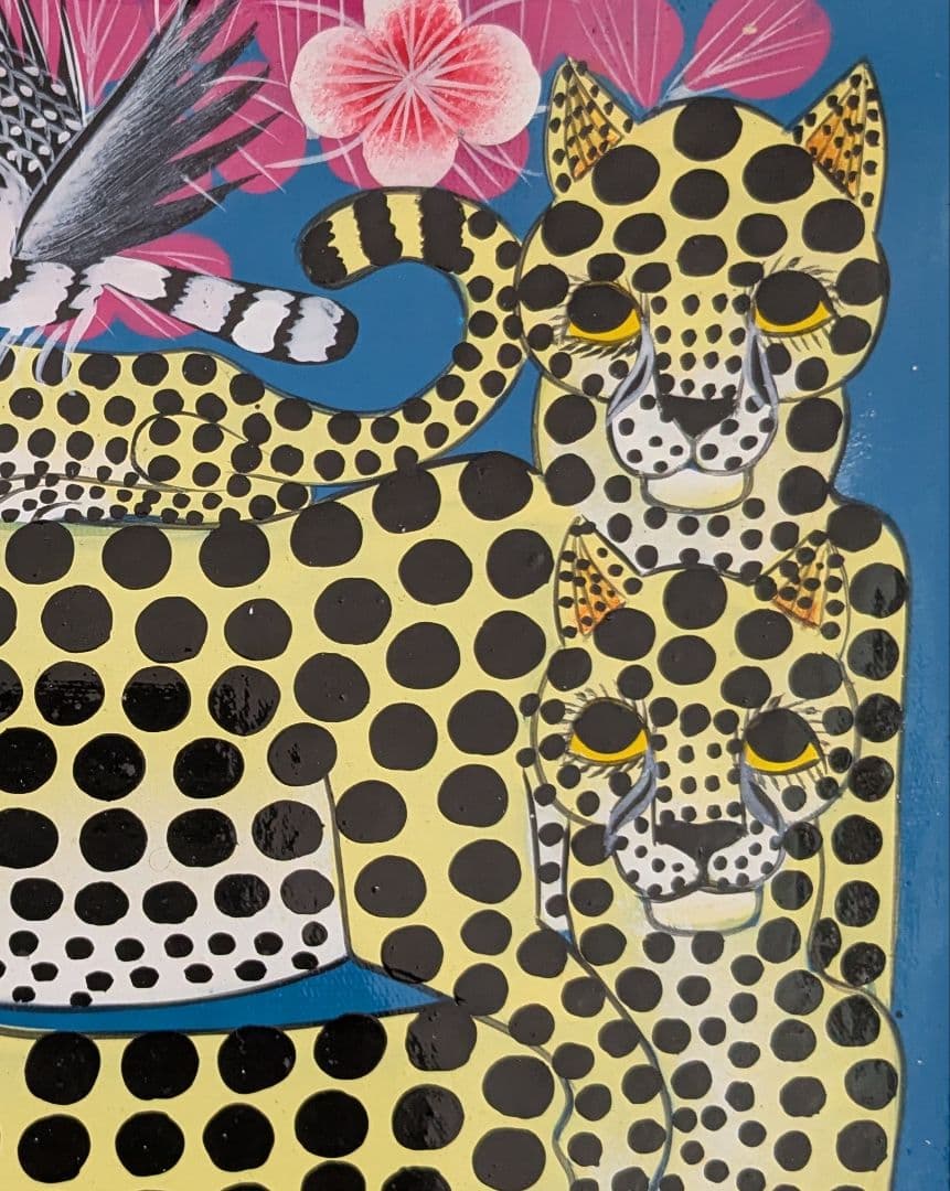 ●アフリカの絵画、ティンガティンガ、チーター、ナチュラル、20×20cm