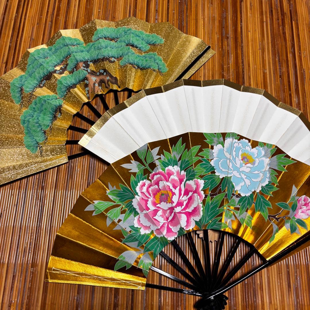舞扇子 金色 牡丹の花　3点