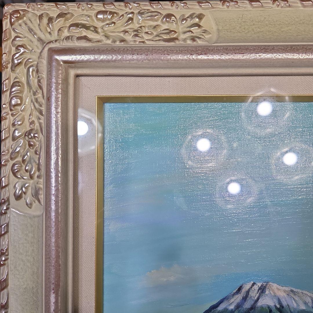 【美品】 10号サイズ 肉筆油彩風景画 銀飾額縁フレームつき「御嶽山初雪の情景」