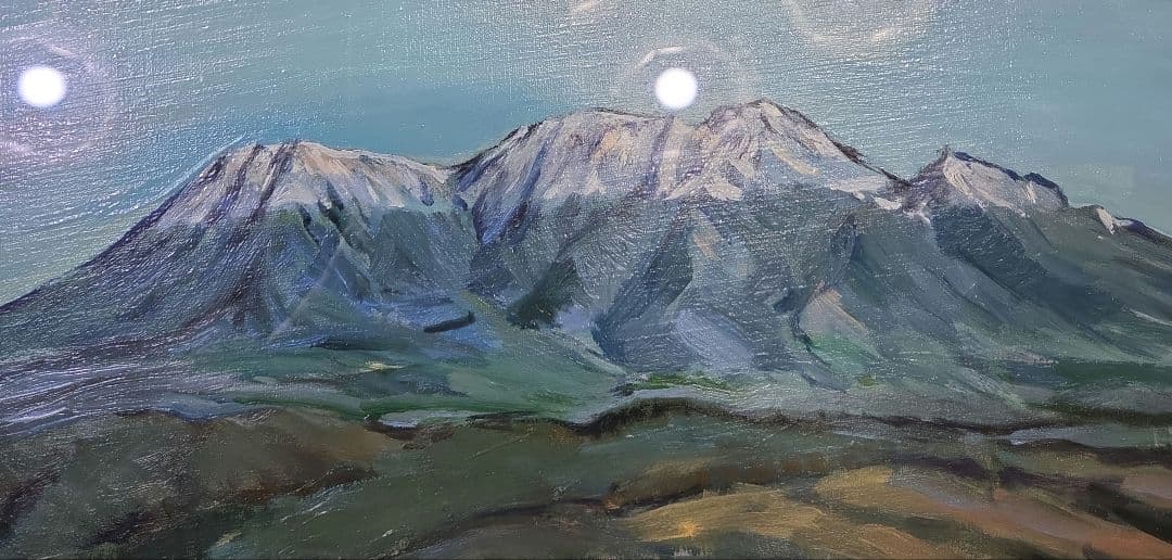 【美品】 10号サイズ 肉筆油彩風景画 銀飾額縁フレームつき「御嶽山初雪の情景」