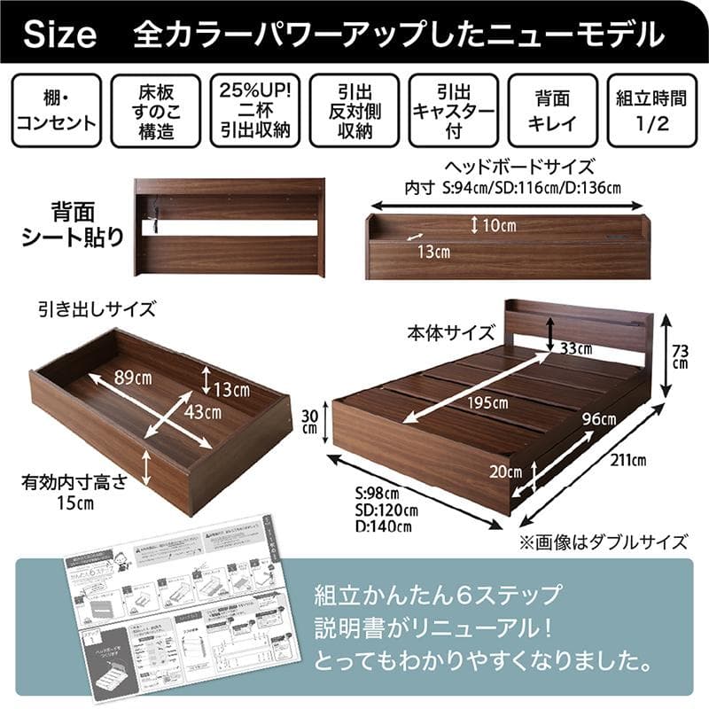 最安値！マットレスなし セミダブルベッド 収納 コンセント 送料込み！ 22