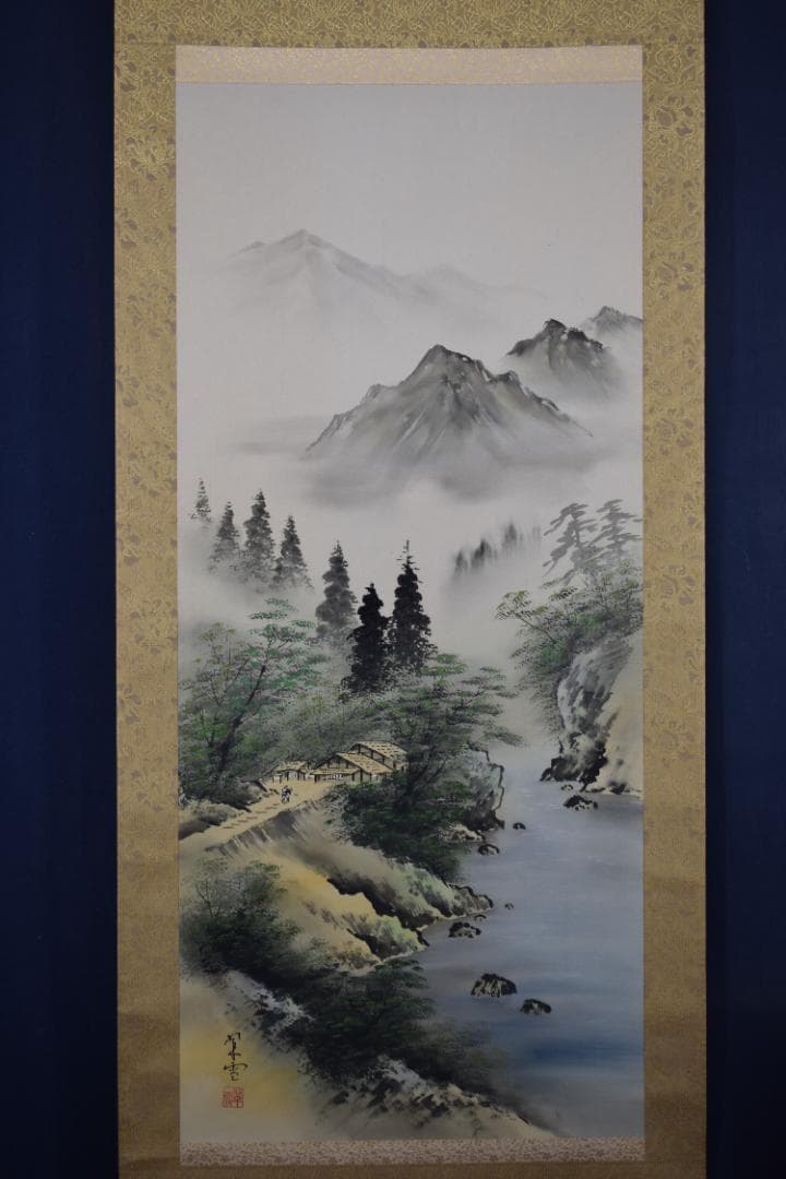 翠雪/彩色山水図/掛軸☆宝船☆Z-432